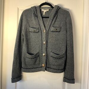 BCBGGeneration Hooded Cardigan Grey Knit with Chain Trim, Size S , Polished Look